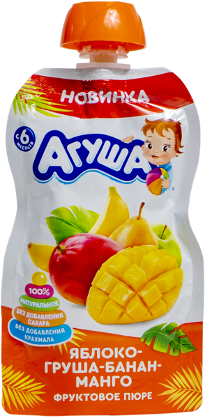 Изображение Пюре фруктовое с 6 мес Агуша груша банан манго ВБД пауч, 90 г