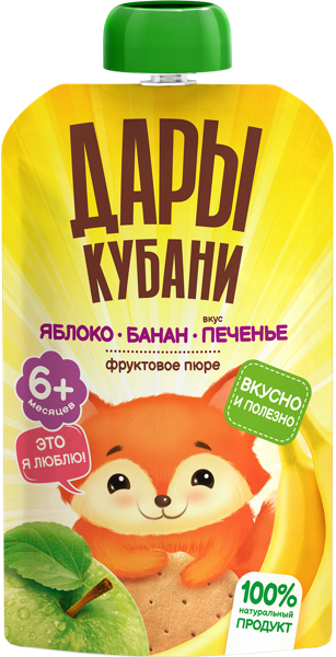 Изображение Пюре фруктовое с 6 месяцев Дары Кубани яблоко банан печенье Южная Соковая Компания пауч, 90 г