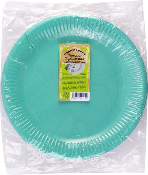 Изображение Одноразовая посуда 23см Упакмаркет тарелка бирюза картон ПапирРус м/у, 10 шт
