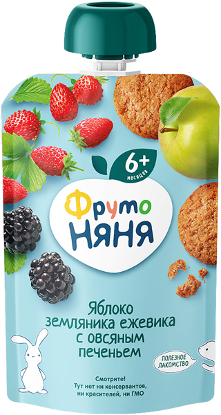 Изображение Пюре фруктовое с 6 мес Фрутоняня яблоко земляника печенье Прогресс пауч, 90 г