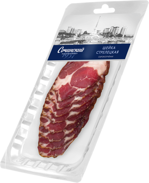 Изображение Мясо свиное сырокопченое Сочинский МК стрелецкая шейка нарезка Сочинский МК в/у, 110 г