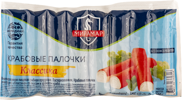 Изображение Продукция из сурими охлажд. Мирамар крабовые палочки классика Меридиан ПКП в/у, 200 г