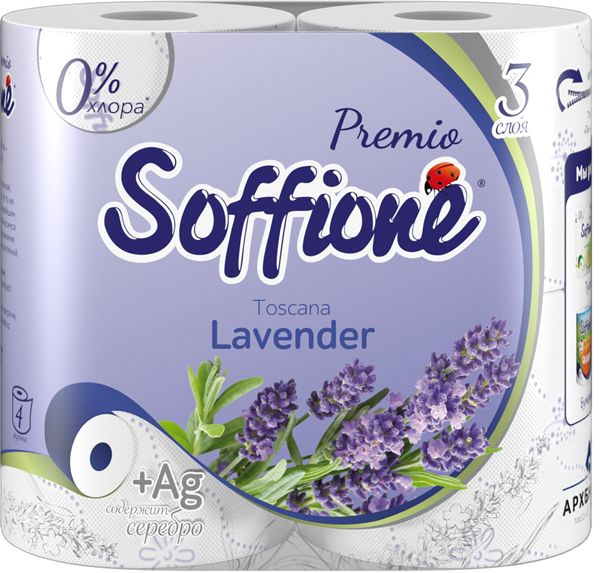 Изображение Туалетная бумага 3х слойная Соффионе премиум лаванда 140 листов Архбум м/у, 4 шт