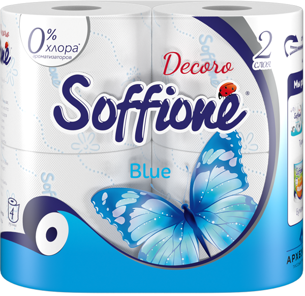 Изображение Туалетная бумага 2х слойная Соффионе декоро блю 150 листов Архбум м/у, 4 шт