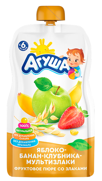 Изображение Пюре фруктовое с 6 мес Агуша яблоко клубника малина ВБД пауч, 90 г