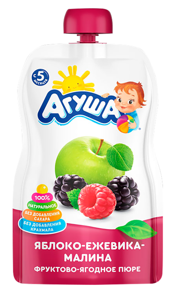 Изображение Пюре фруктовое с 6 мес Агуша яблоко малина ежевика ВБД пауч, 90 г