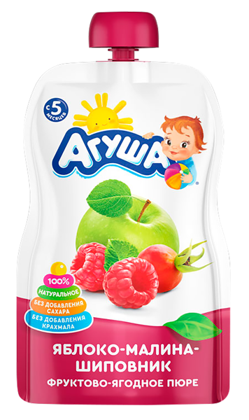 Изображение Пюре фруктовое с 5 мес Агуша яблоко малина шиповник ВБД пауч, 90 г