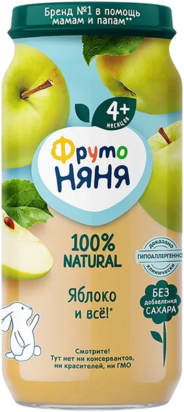 Изображение Пюре фруктовое с 4 мес Фрутоняня яблоко натуральное Прогресс с/б, 250 г