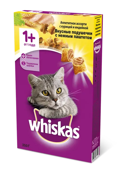 Изображение Корм для кошек Вискас Вкусные подушечки паштет курица индейка Марс к/у, 350 г