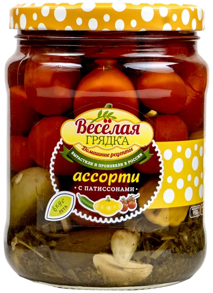 Изображение Ассорти овощное маринованное Веселая Грядка с патиссонами Меленковский КЗ с/б, 950 г
