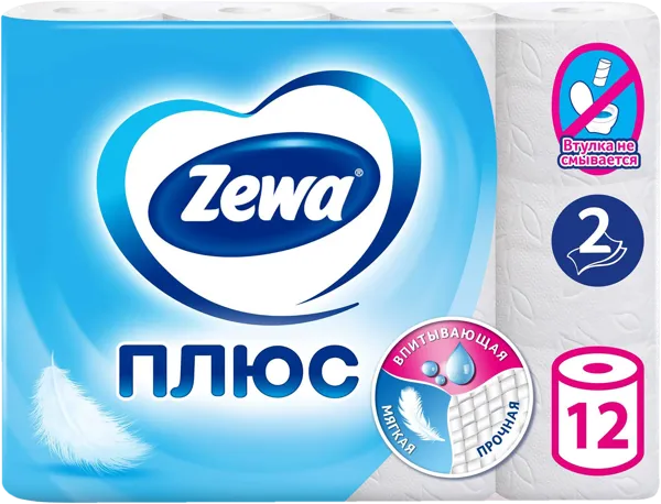 Изображение Туалетная бумага 2х слойная Зева плюс белая 2496 листов ЭвоКом м/у, 12 шт