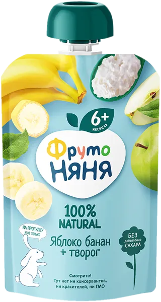 Изображение Пюре фруктовое с 6 мес Фрутоняня творог яблоко банан Прогресс пауч, 90 г