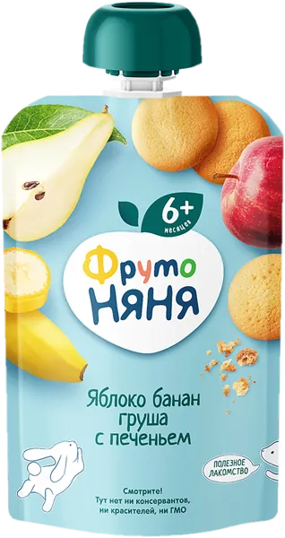 Изображение Пюре фруктовое с печеньем с 6 мес Фрутоняня яблоко банан груша Прогресс пауч, 90 г