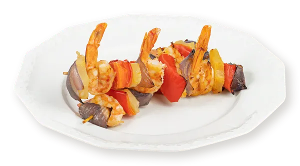 Изображение :Шашлычки на шпажке Креветки с ананасом луком перцем болгарским СП ТАБРИС пл/уп 