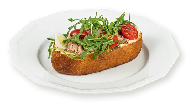 Изображение :Брускетта с творожным соусом С тунцом томатами черри перепелиным яйцом СП ТАБРИС пл/уп, 140 г