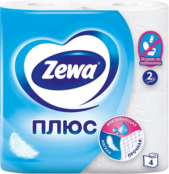 Изображение Туалетная бумага 2х слойная Зева плюс белая 832 листа ЭвоКом м/у, 4 шт