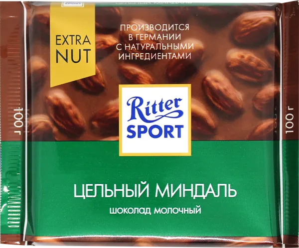 Изображение Шоколад молочный Риттер Спорт с цельным миндалем Риттер Спорт м/у, 100 г