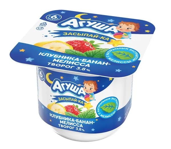 Изображение Творог 3,8% с 6 месяцев Агуша Засыпай-ка клубника-банан-мелисса ВБД п/б, 100 г