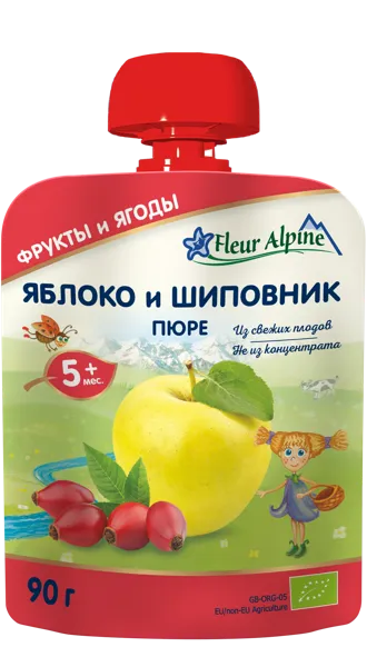 Изображение Пюре фруктовое с 5 мес Флер Альпин БИО яблоко шиповник Нэйчерал Фрут энд Бэверидж пауч, 90 г