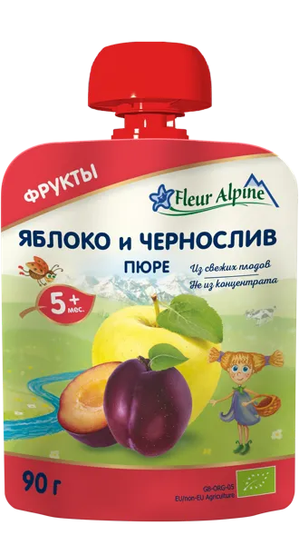 Изображение Пюре фруктовое с 5 мес Флер Альпин БИО яблоко чернослив Нэйчерал Фрут энд Бэверидж пауч, 90 г