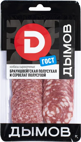 Изображение Колбаса полусухая с/к нарезка Дымов ассорти брауншвейгская сервелат Дымовское КП п/у, 90 г