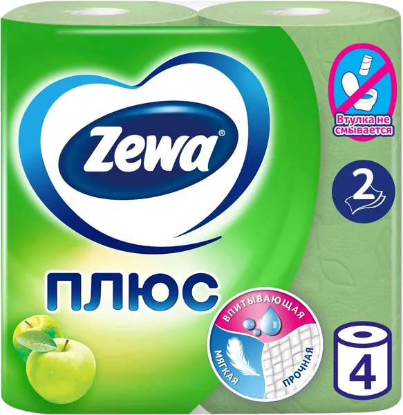 Изображение Туалетная бумага 2х слойная Зева плюс яблоко 832 листа ЭвоКом м/у, 4 шт