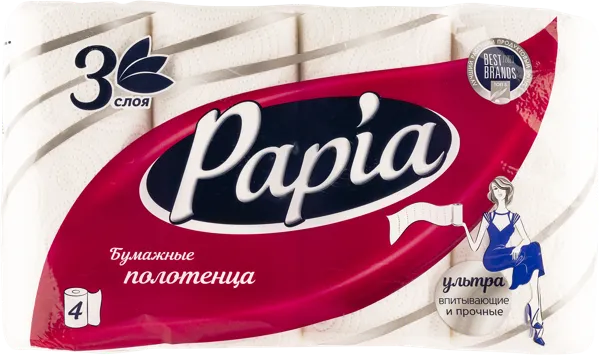 Изображение Полотенце бумажное 3х сл Папия белые 200 листов Хаят Маркетинг м/у, 4 шт
