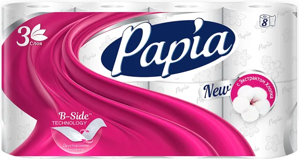 Изображение Туалетная бумага 3х слойная Папия белая 1120 листов Хаят Маркетинг м/у, 8 шт