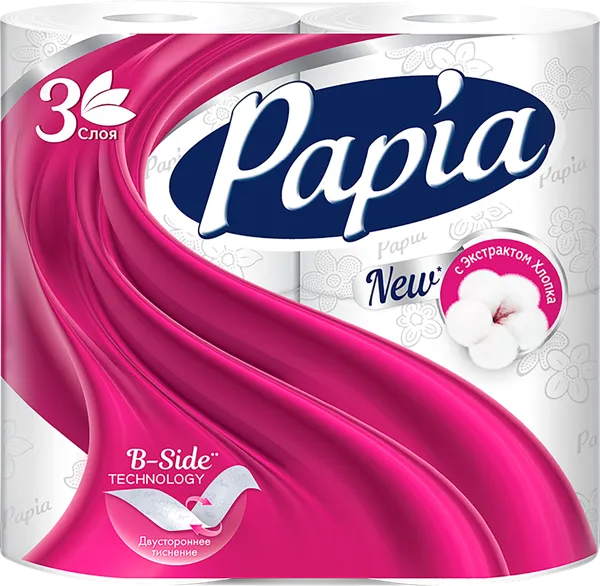 Изображение Туалетная бумага 3х слойная Папия белая 560 листов Хаят Маркетинг м/у, 4 шт