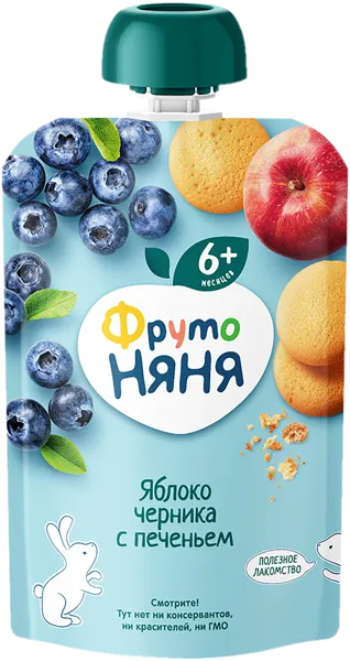 Изображение Пюре фруктовое с 5 мес Фрутоняня яблоко черника печенье Прогресс с/б, 100 г