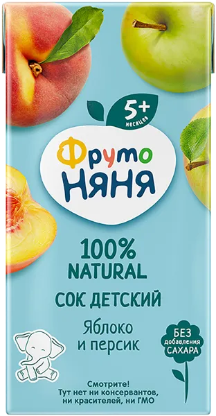 Изображение Сок с 5 мес без сахара Фрутоняня яблоко персик с мякотью Прогресс т/п, 200 мл