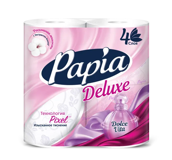 Изображение Туалетная бумага 4-х слойная Папия делюкс аромат парфюма 560 листов Хаят Маркетинг м/у, 4 шт