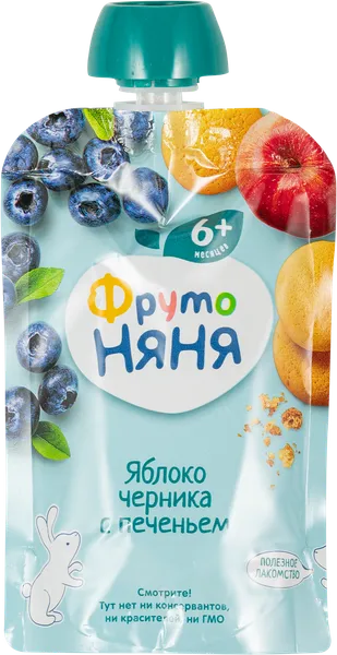 Изображение Пюре с 6 мес Фрутоняня яблоко черника печенье Прогресс пауч, 90 г