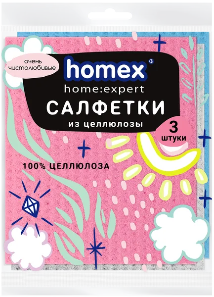 Изображение Салфетка 16*18см для уборки Хомэкс Чистолюбивые целлюлоза Цзиньхуа Экоспонг м/у, 3 шт
