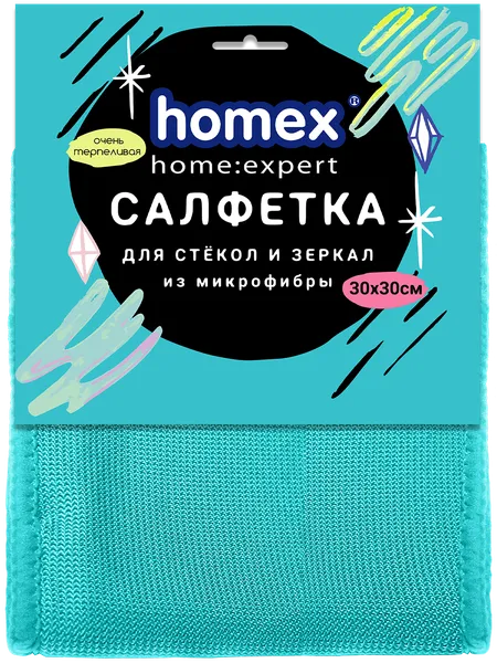 Изображение Салфетка 30*30см для стекол Хомэкс Терпеливая микрофибра Хоум Эксперт м/у, 1 шт