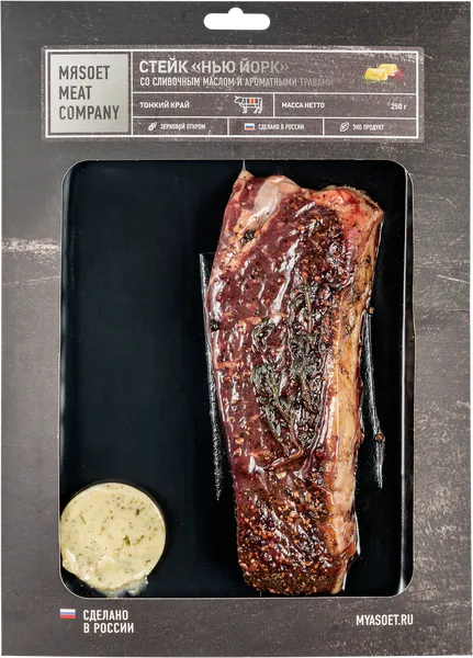 Изображение Мясо со слив маслом и аром травами Мясоет Мит Компани Стейк Нью Йорк Мясоет Мит Компани в/у, 250 г