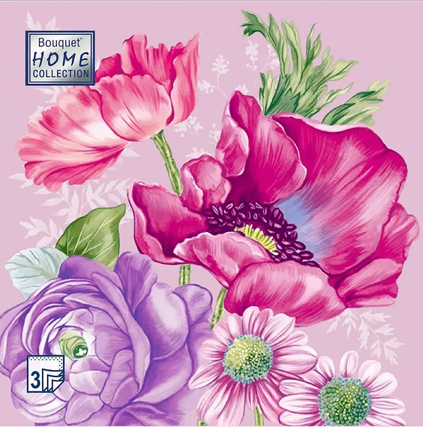 Изображение Салфетки 3х слойные Букет хоум коллекшн цветы на розовом 33*33см Русская Бумага м/у, 20 шт
