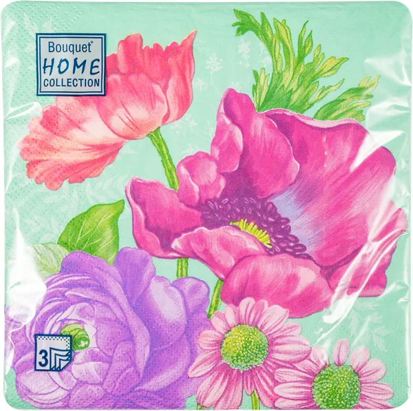 Изображение Салфетки 3х слойные Букет хоум коллекшн цветы на зеленом 33*33см Русская Бумага м/у, 20 шт