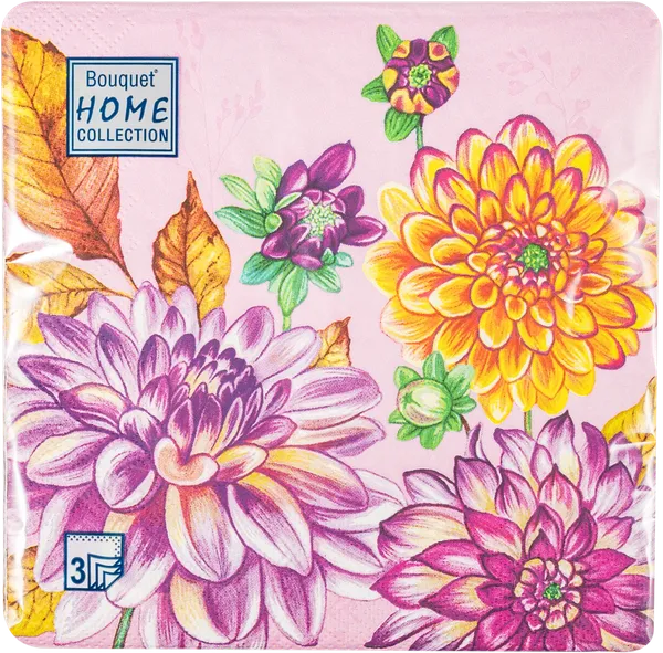 Изображение Салфетки 3х слойные Букет хоум коллекшн георгины на розовом 33*33 Русская Бумага м/у, 20 шт