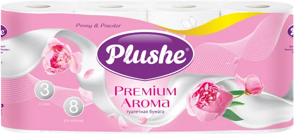 Изображение Туалетная бумага 3х слойная Плюше премиум арома пион и пудра Папир м/у, 8 шт