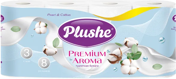 Изображение Туалетная бумага 3х слойная Плюше премиум арома жемчуг и хлопок Папир м/у, 8 шт