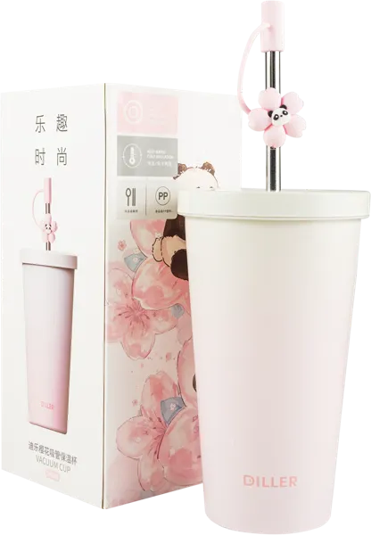 Изображение Термокружка 560мл стальная Диллер сакура с трубочкой Диллер кор, 1 шт