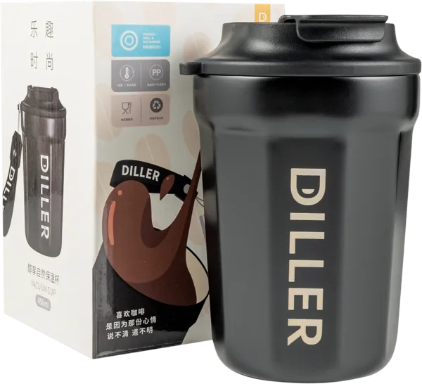 Изображение Термокружка 450мл стальная Диллер черный с ремешком Диллер кор, 1 шт