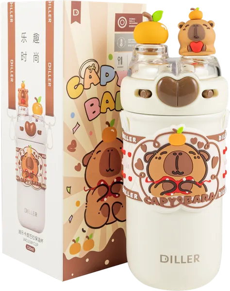 Изображение Термос 520мл стальной Диллер капибара с трубочкой Диллер кор, 1 шт