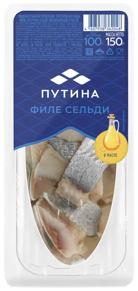 Изображение Пресервы тихоокеанской в масле Путина филе кусочки сельди Путина ООО п/у, 150 г