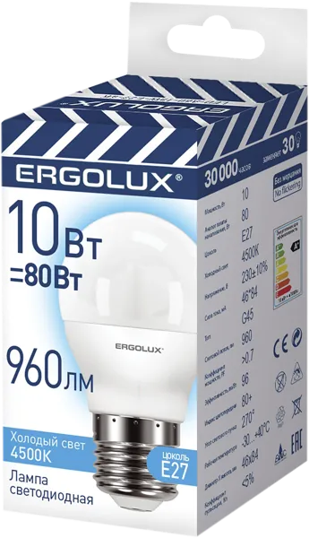 Изображение Лампочка 10Вт E27 4500К Эрголюкс светодиодная шар Литарк Лайтинг Электроник кор, 1 шт