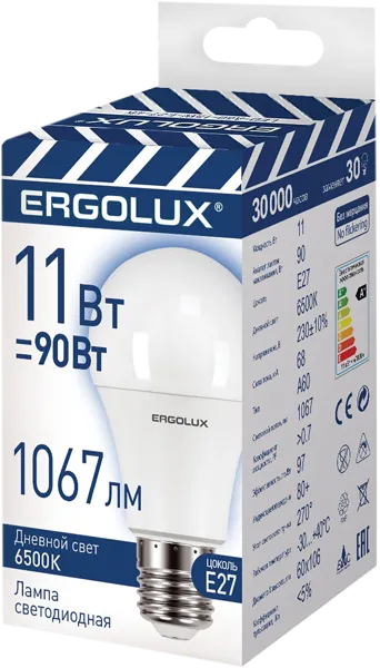 Изображение Лампочка 11Вт Е27 6500К Эрголюкс светодиодная груша Литарк Лайтинг Электроник кор, 1 шт