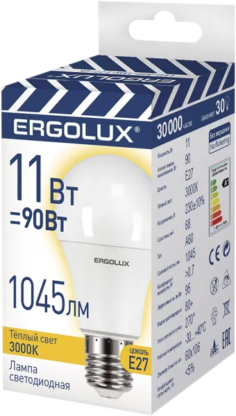Изображение Лампочка 11Вт Е27 3000К Эрголюкс светодиодная груша Литарк Лайтинг Электроник кор, 1 шт