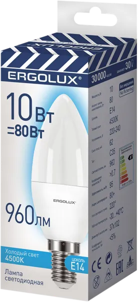 Изображение Лампочка 10Вт E14 4500К Эрголюкс светодиодная свеча Литарк Лайтинг Электроник кор, 1 шт