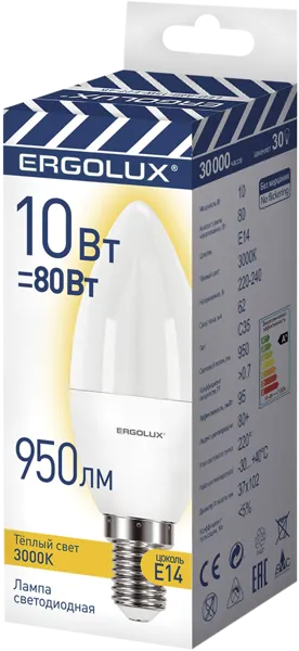 Изображение Лампочка 10Вт E14 3000К Эрголюкс светодиодная свеча Литарк Лайтинг Электроник кор, 1 шт